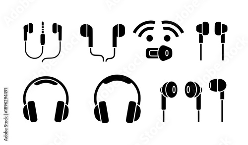 Earphones and headphones flat vector icon set isolated on white background