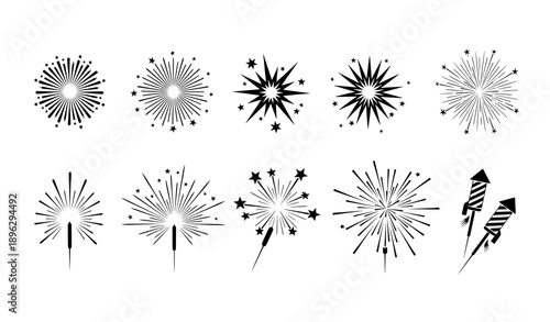 Fireworks vector icon set with exploding pyrotechnic symbols