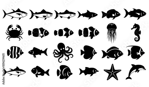 Black fish and aquatic life silhouette icons for nature and ocean themes