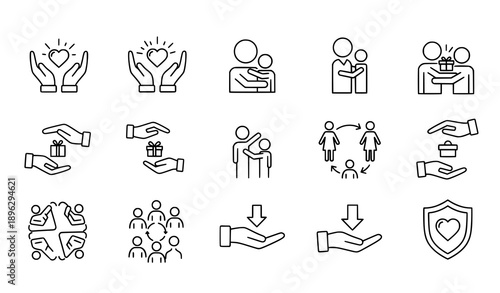 Support, help, and kindness outline icons for wellness and community projects