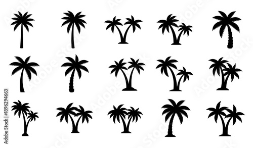 Coconut palm tree silhouette icons for tropical and healthy lifestyle themes