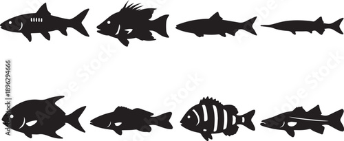 Diverse Collection of Eight Stylized Fish Silhouettes Vector Illustration Set: Perfect for Fishing Logos, Seafood Menus, Aquaculture Icons, and Aquatic Design Elements