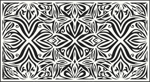 Seamless decorative ornate black and white abstract pattern with tribal style elements as background texture.