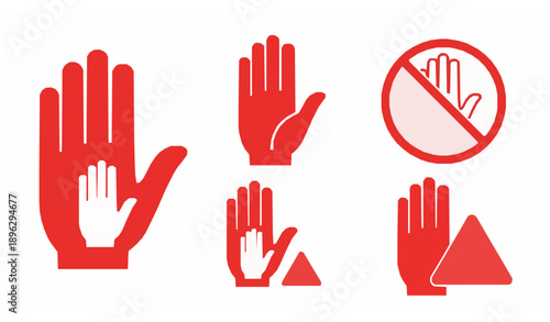 Red stop hand warning icon set with prohibiting symbols