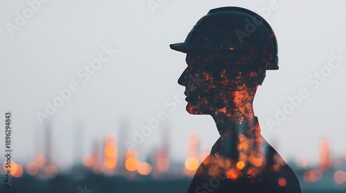 A silhouette of a worker in a helmet, overlaid with industrial lights, symbolizing the fusion of human effort and technology in industry.