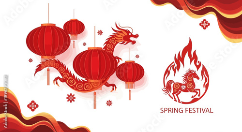 Vector illustration of a Chinese New Year celebration with red lanterns, dragon, and traditional decorations, featuring the Fire Horse zodiac symbol.