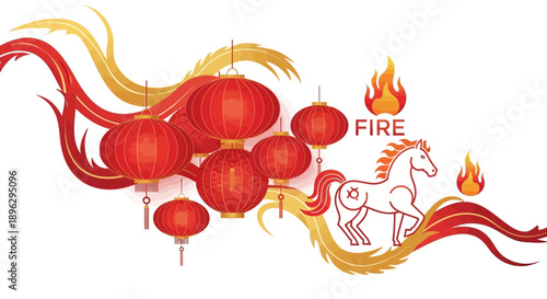Vector illustration of Chinese New Year celebration with red lanterns, dragon, and Fire Horse zodiac symbol, surrounded by flames and traditional decorations on a white background.