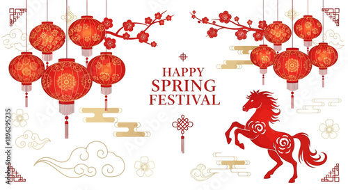 Vector illustration of a Fire Horse zodiac design for the 2026 Chinese New Year, featuring red lanterns, dragon, envelopes, and traditional decorations on a white background.