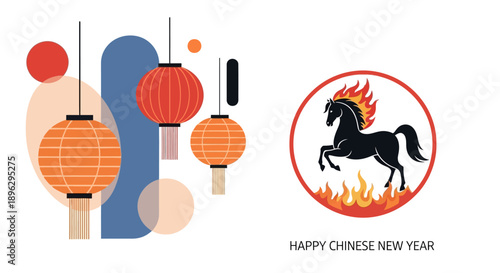 Vector illustration of a Fire Horse zodiac design for Chinese New Year 2026, featuring red lanterns, dragon, and traditional decorations in a vibrant, celebratory composition.
