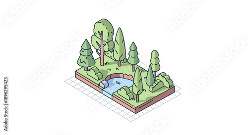 Isometric Illustration of a Green Park Landscape with Trees, Bushes, and a Pond, Environmental Design
