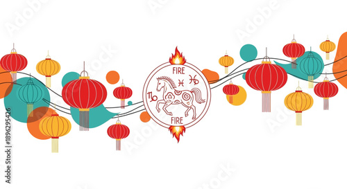 Vector illustration of a Chinese New Year celebration with red lanterns, dragon, and traditional decorations for the Fire Horse zodiac in a vibrant, festive design.