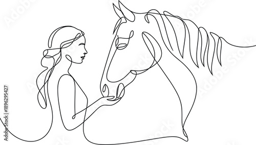 Woman and horse in continuous line style animal human