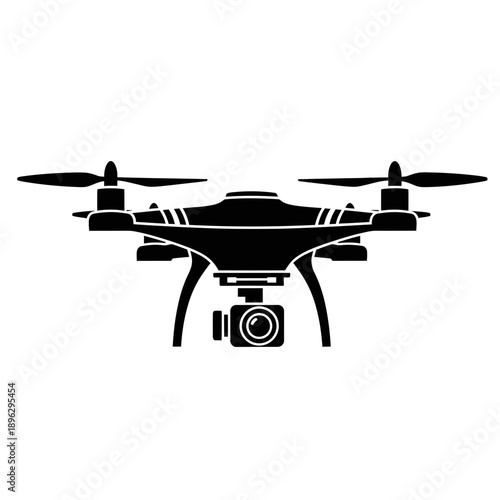 Silhouette of a quadcopter drone with camera, aerial technology, black vector shape on white background