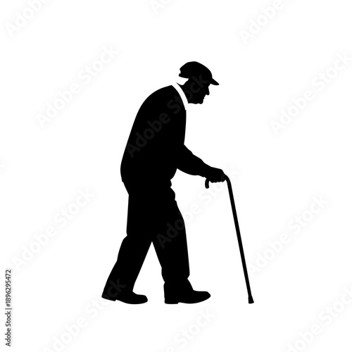 Silhouette of an elderly man walking with a cane, senior citizen, black vector shape on white background