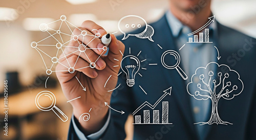 A man in suit drawing business ideas for the concept of business.