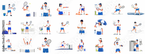 Collection of Tennis Illustrations: Players, Coaches, Training Drills, Match Action, Equipment, and Sport Lifestyle Concepts.