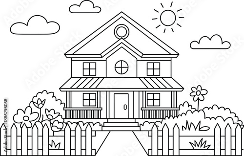 Simple outline of a charming two-story house with a porch surrounded by flowers and a picket fence under a sunny sky