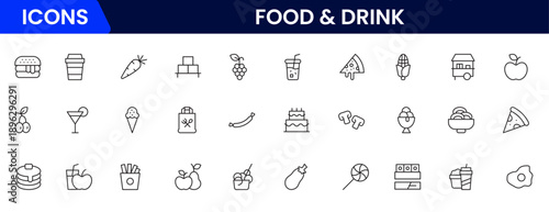 Food and drink web icons in line style. Meal, restaurant, dishes, fruits, fastfood, burger, pizza, coffee, sandwich, collection. Vector illustration.