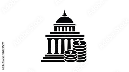 a black and white graphic of a capitol building with stacked money silhouette
