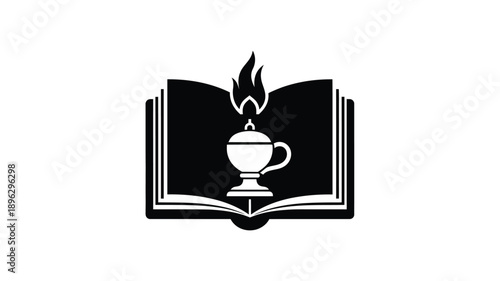 open book with a flame and a cup illustration a stylized silhouette