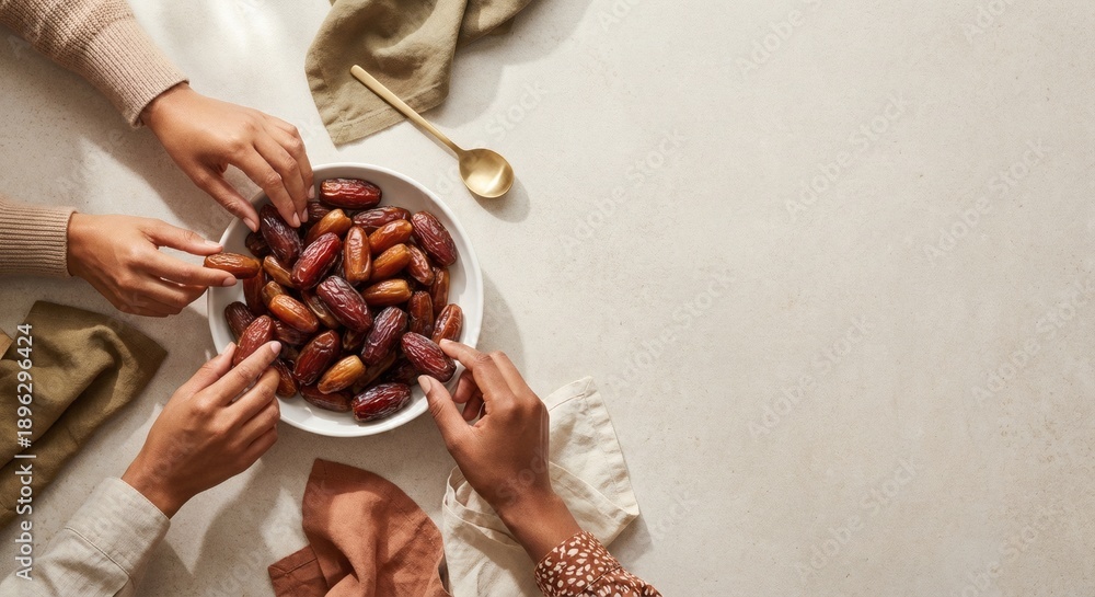 Obraz premium Top view of diverse hands reaching for dried dates in a white bowl. Concept of breaking the fast during Ramadan, sharing healthy food, and gathering for Iftar dinner on a beige table background.