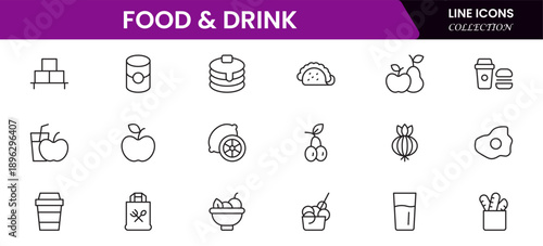 Food and drink web icons in line style. Meal, restaurant, dishes, fruits, fastfood, burger, pizza, coffee, sandwich, collection. Vector illustration.