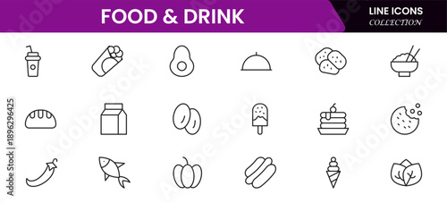Food and drink web icons in line style. Meal, restaurant, dishes, fruits, fastfood, burger, pizza, coffee, sandwich, collection. Vector illustration.