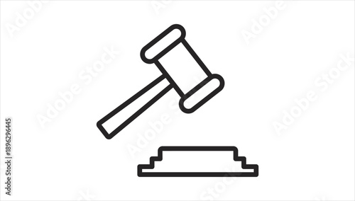 Simple line art illustration of a judge's gavel on a stand.
