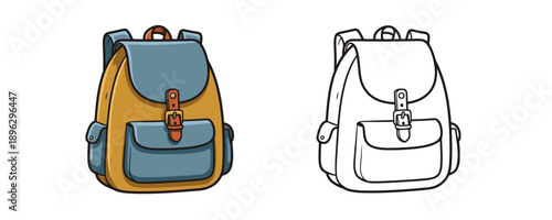 Yellow and blue tourist backpack in cartoon style featuring brown leather straps and metal buckles for travel and education on white background