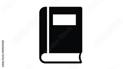a simple black book icon against a stark white background silhouette