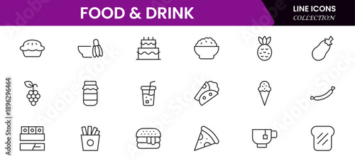 Food and drink web icons in line style. Meal, restaurant, dishes, fruits, fastfood, burger, pizza, coffee, sandwich, collection. Vector illustration.