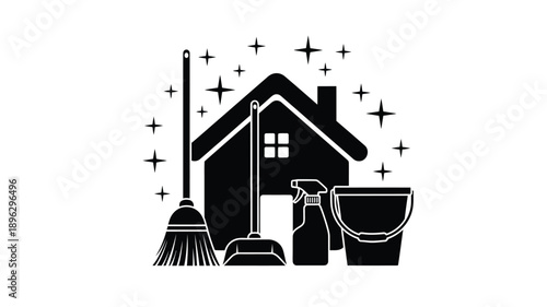 a house cleaning icon with broom mop spray and bucket silhouette