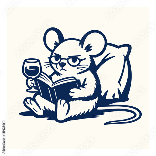 shows a cartoon mouse sitting comfortably, reading a book while holding a glass of wine in a playful, minimalist style