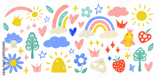 A cheerful collection of childlike drawings featuring rainbows suns and nature elements
