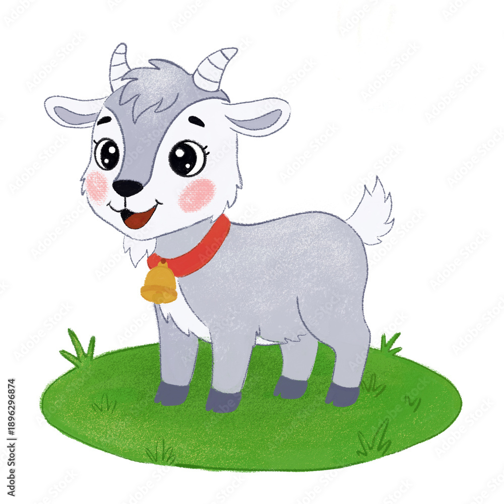 Fototapeta premium Cute Baby Goat Standing on Green Grass with Red Collar and Bell