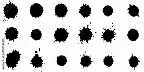 Arrangement of dark abstract ink blots on a plain white background