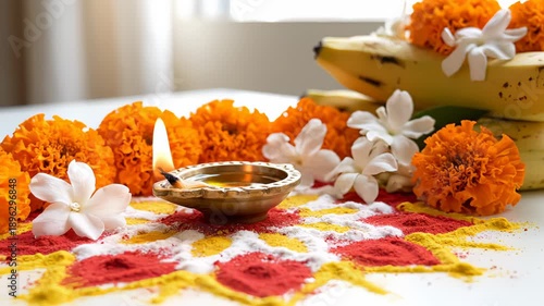 A Lit Diya Lamp Surrounded by Marigold Flowers and Bananas on a Colorful Rangoli Pattern During a Festival Celebration