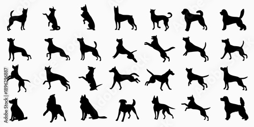 Silhouettes of various dog breeds in different poses and orientations
