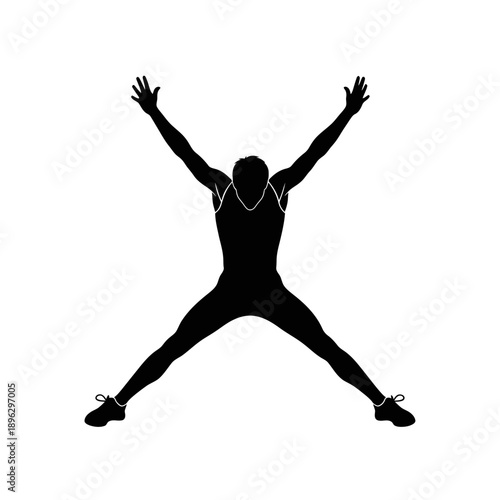 Fitness Jumping Jack Exercise Silhouette Active Move Black Vector Shape Isolated on White Background