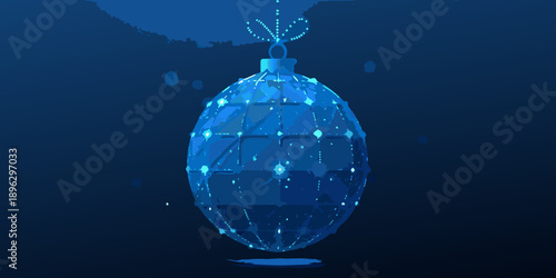 A futuristic glowing blue christmas ornament constructed from polygonal lines and dots