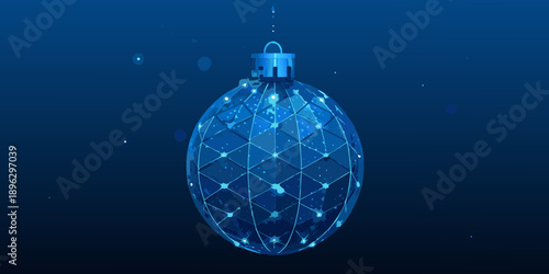 A futuristic blue christmas ornament with a polygonal digital design