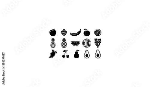 Black and white fruit icon vector set with apple, banana, strawberry, orange, pineapple, watermelon, grapes, mango, cherries, pear, avocado