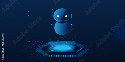 A futuristic blue robot appears above a glowing digital platform