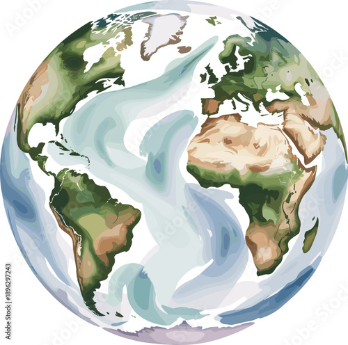 Stylized watercolor of planet Earth showing continents and ocean currents in a vibrant artistic representation of our