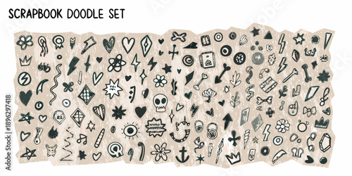 A collection of hand drawn scrapbook doodle elements in black ink on beige