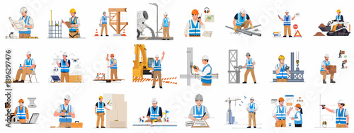 A comprehensive set of flat vector illustrations depicting construction workers, engineers, and builders engaged in various site operations, maintenance, and safety tasks.