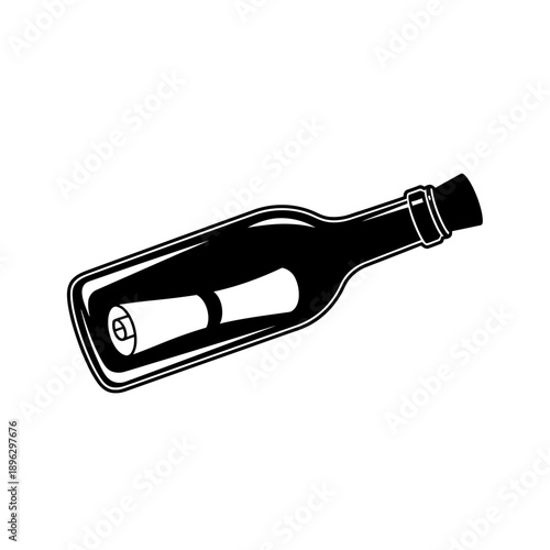 Floating Message in a Bottle Silhouette Sea Mystery Black Vector Shape Isolated on White Background