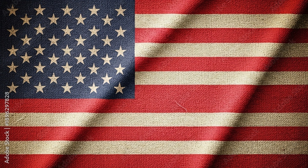 Obraz premium Distressed Woven American Flag Background with Stars and Stripes Texture, Symbol of Patriotism and National Identity