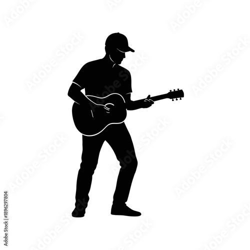Musician Playing Guitar Silhouette Vector Icon - Acoustic Performer Symbol Black Shape on White Background