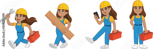 Female construction worker character illustration, builder woman artwork, toolbox vector design, carpenter pose graphic, laborer silhouette, industrial job theme, repair tool icon